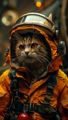The preparedness of a rescue cat, its attire reflecting dedication to duty.