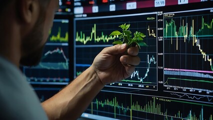 Trader with plant holding growing stock in front of the virtual screen for investment growth concept