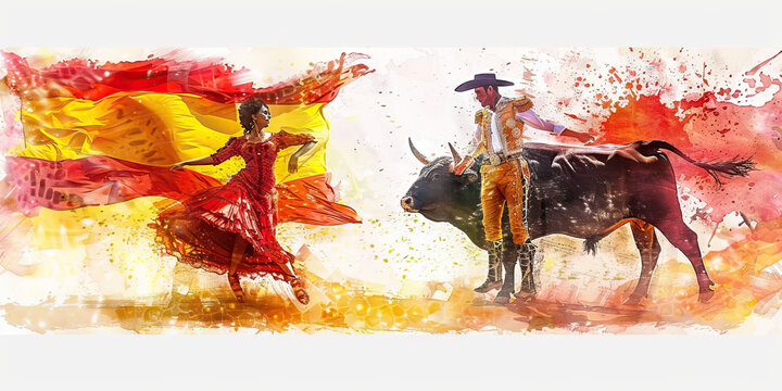 Spanish Flag with a Flamenco Dancer and a Bullfighter - Visualize the Spanish flag with a flamenco dancer representing Spain's flamenco culture and a bullfighter