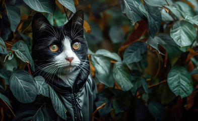 Close-up of a cool cat wearing a vest Shooting in the middle of the forest