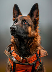 Tracking dogs' determination clear, vests on, focused gaze scanning for targets.