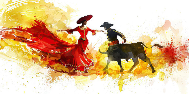 Spanish Flag with a Flamenco Dancer and a Bullfighter - Visualize the Spanish flag with a flamenco dancer representing Spain's flamenco culture and a bullfighter