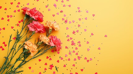 Mother's Day fashionable layout: Overhead shot of fresh carnations, sentimental message, tiny hearts, and confetti on a delicate yellow surface, with blank space for words or adverts	