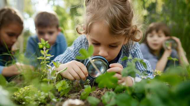 Outdoor learning, kids using magnifying glasses to explore nature, identifying plants and insects, educational and fun environment