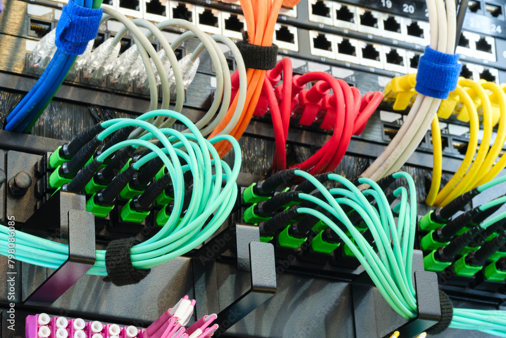 Poster telecommunication internet equipment with wires and communication blocks. telecommunication technolo