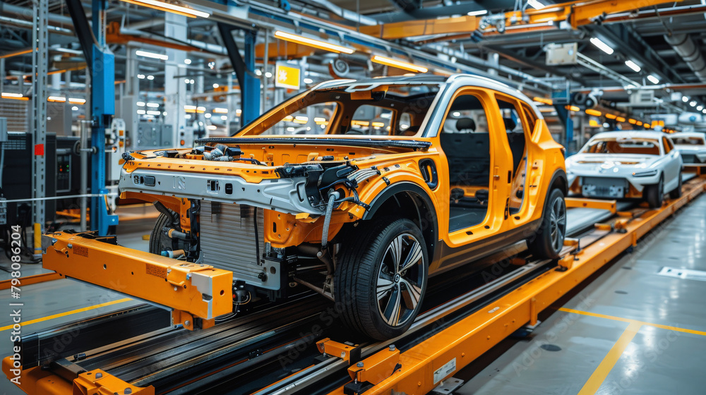 Poster automobile assembly line with an unfinished car in a factory, highlighting industrial automation in 