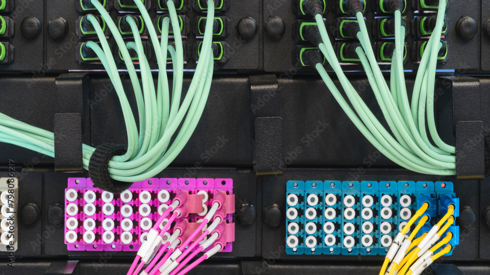 Poster telecommunication internet equipment with wires and communication blocks. telecommunication technolo