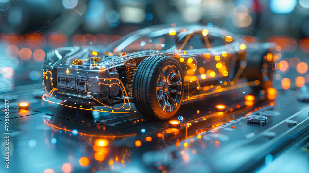 Poster caption: a digital rendering of a transparent car showing the intricate inner mechanics and electron