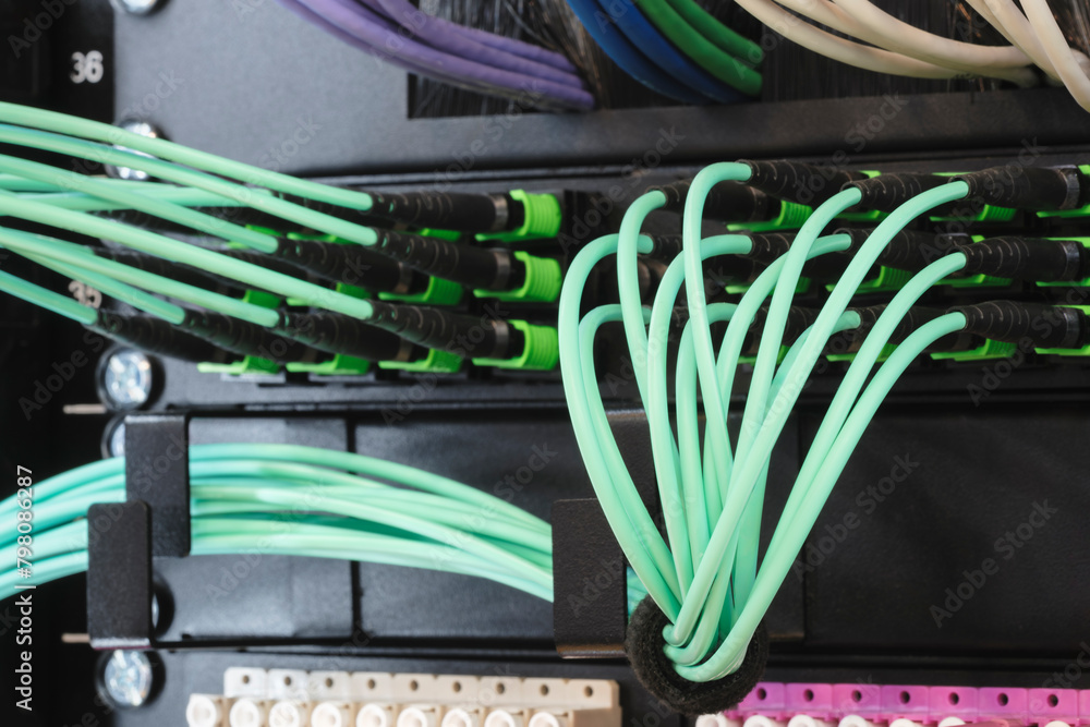 Poster telecommunication internet equipment with wires and communication blocks. telecommunication technolo