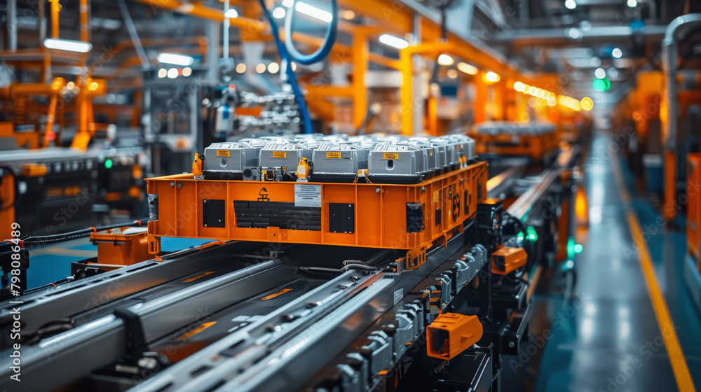 Poster automated assembly line in a modern factory with robotic machinery and conveyor belts carrying indus