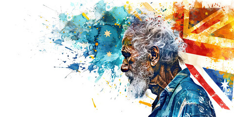 Australian Flag with an Aboriginal Elder and a Surfer - Visualize the Australian flag with an Aboriginal elder representing Australia's indigenous culture and a surfer