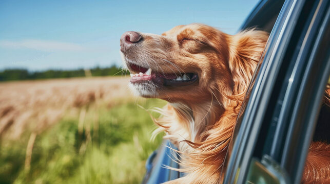 A happy dog with its face out of a car window, enjoying the breeze on a sunny day.