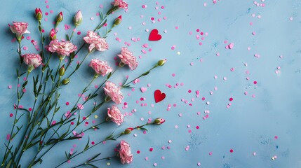 Mother's Day fashionable layout: Overhead shot of fresh carnations, sentimental message, tiny hearts, and confetti on a delicate blue surface, with blank space for words or adverts	