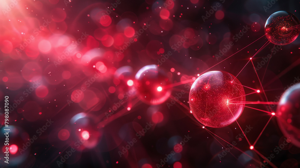 Poster digital representation of molecules in red tones, illustrating atomic connections with glowing nodes