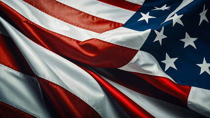 Waving realistic USA flag on background, close up, 3D illustration