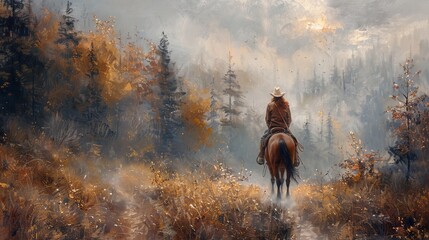 a painting of a man riding a horse through a forest filled with trees and bushes