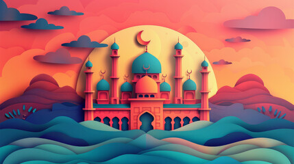 Illustrated colorful mosque with domes and minarets against a patterned sky, possibly depicting a serene and artistic representation of sunset. - obrazy, fototapety, plakaty