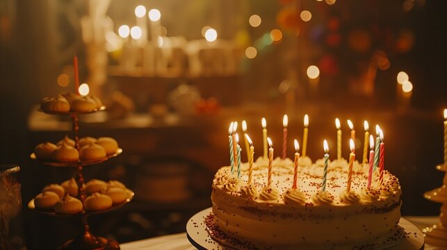 a cake with candles on it sitting on a table with other cakes and muffins on it and a blurry background