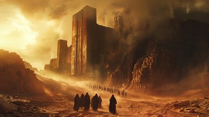 a group of people walking through a desert area with tall buildings in the background and a sky filled with clouds