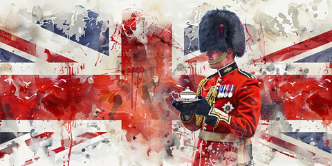 British Flag with a Royal Guard and a Tea Server - Picture the British flag with a royal guard representing British royalty and a tea server