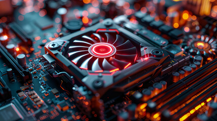 a close up of a computer motherboard with red lights on it's sides and a fan on top - obrazy, fototapety, plakaty