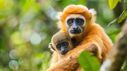 Adorable close-up: yellow cheeked gibbon mother and child in lush forest habitat