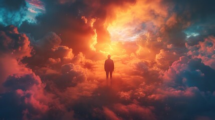 a man standing in the middle of a large cloud filled sky with a bright sun in the distance above