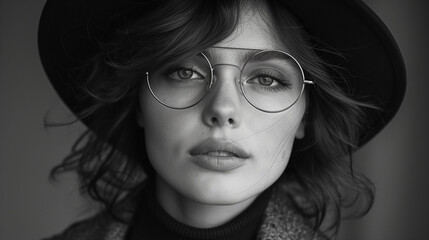 Fototapeta premium A retro black-and-white shot of a girl in a hat and glasses recreates the atmosphere of style and elegance, takes us back to the distant times of sublime beauty and grace