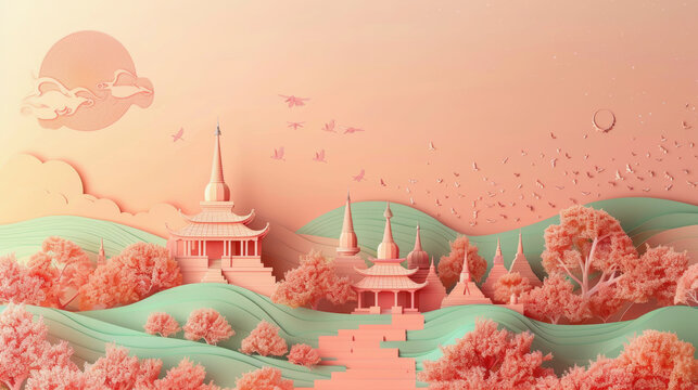 A serene, pastel-hued illustration featuring Asian-style pagodas amidst rolling hills with trees, under a peaceful sky with flying birds.
