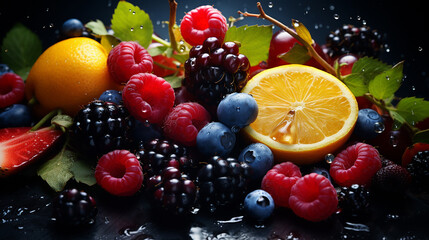 A variety of berries and citrus fruits, arranged together on a black background.