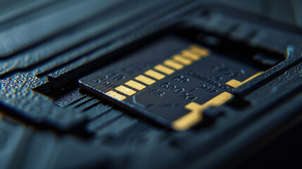 Memory Card Slot A macro photograph of a memory card slot on a digital camera or smartphone,...