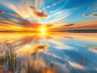 Realistic close-up image of a tranquil lake bathed in the colors of a vibrant sunset, with shimmering reflections on the surface