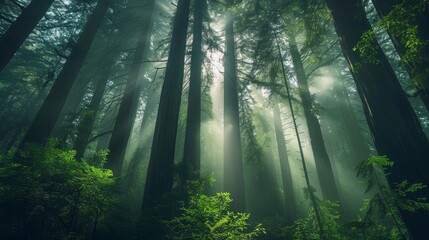 Obraz premium Soft light filtering through a canopy of towering redwoods, the fog adding a mystical quality to the lush, green forest understory