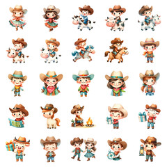 A set or collection of watercolor cowboy elements, Cowboy concept, American culture..