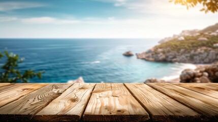 Stunning photo of a wooden table offering an unobstructed view of the deep blue sea, a remote island, and the sky above, captured in high resolution