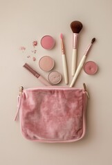 Elegant cosmetic products and professional makeup brushes neatly arranged around a plush pink pouch on a soft background