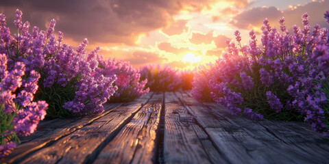 A serene sunset over a wooden path flanked by vibrant purple lavender fields, invoking a sense of tranquil beauty.