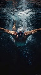 Dramatic image of a dedicated male swimmer captured from an underwater perspective, diving into a swimming race