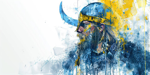 Swedish Flag with a Viking and a Furniture Designer - Picture the Swedish flag with a Viking representing Sweden's historical heritage and a furniture designer