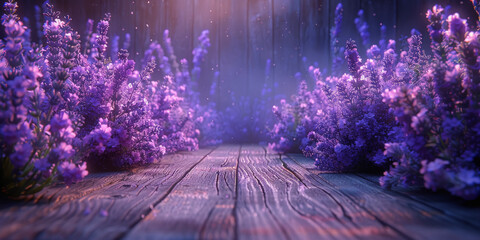 A wooden path leads through a mystical forest filled with vibrant purple lavender under soft, enchanting, ethereal light beams.