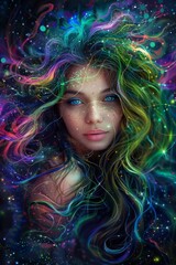 A digital illustration of a fantastical woman with colorful cosmic hair, radiant and vibrant in artistic style