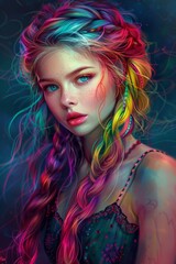 A stunning digital portrait painting of a mystical young woman with vibrantly colored braided hair