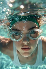 A refreshing underwater perspective of a swimmer, the focus on the movement and clarity of the water