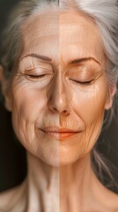 A thought-provoking composite photo comparing the youthful and aged sides of a woman's face, illustrating the concept of aging