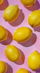 A fresh and eye-catching image of vibrant yellow lemons arranged on a lively pink background, depicting freshness and zest