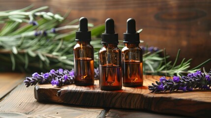 Aromatherapy essential oil bottles and lavender flowers on a wooden background