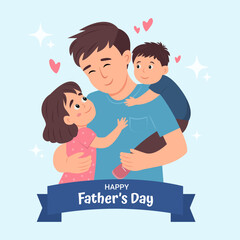 Father's Day card with cute  illustrations of dad with son and daughter, modern typography Father's Day. Templates for poster, cover, banner, social media