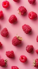 Scattered ripe raspberries on a vibrant pink backdrop, softly lit to highlight their fresh, juicy texture and rich red hues