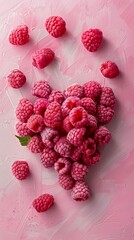 Close-up of a cluster of ripe raspberries arranged on a textured pink surface, emphasizing the fruit's detailed structure and colors