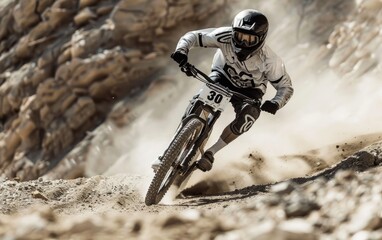 A thrilling image capturing the intensity of a mountain biker speeding through a dusty desert track, racing against time